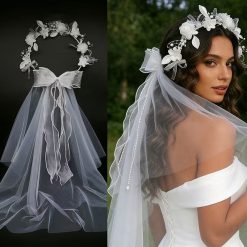 White Bridal Flower Bow Veil Headband
